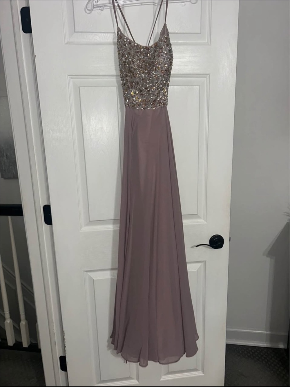 Embellished Mauve Evening Gown with Spaghetti Straps